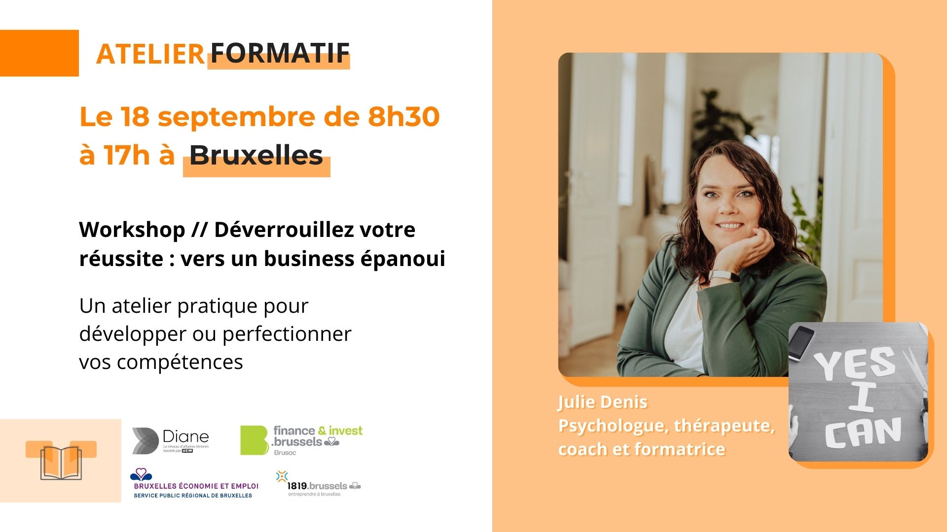 Julie Denis Psychologue, thérapeute, coach et formatrice atelier formatif réseau diane Workshop // Déverrouillez votre réussite : vers un business épanoui